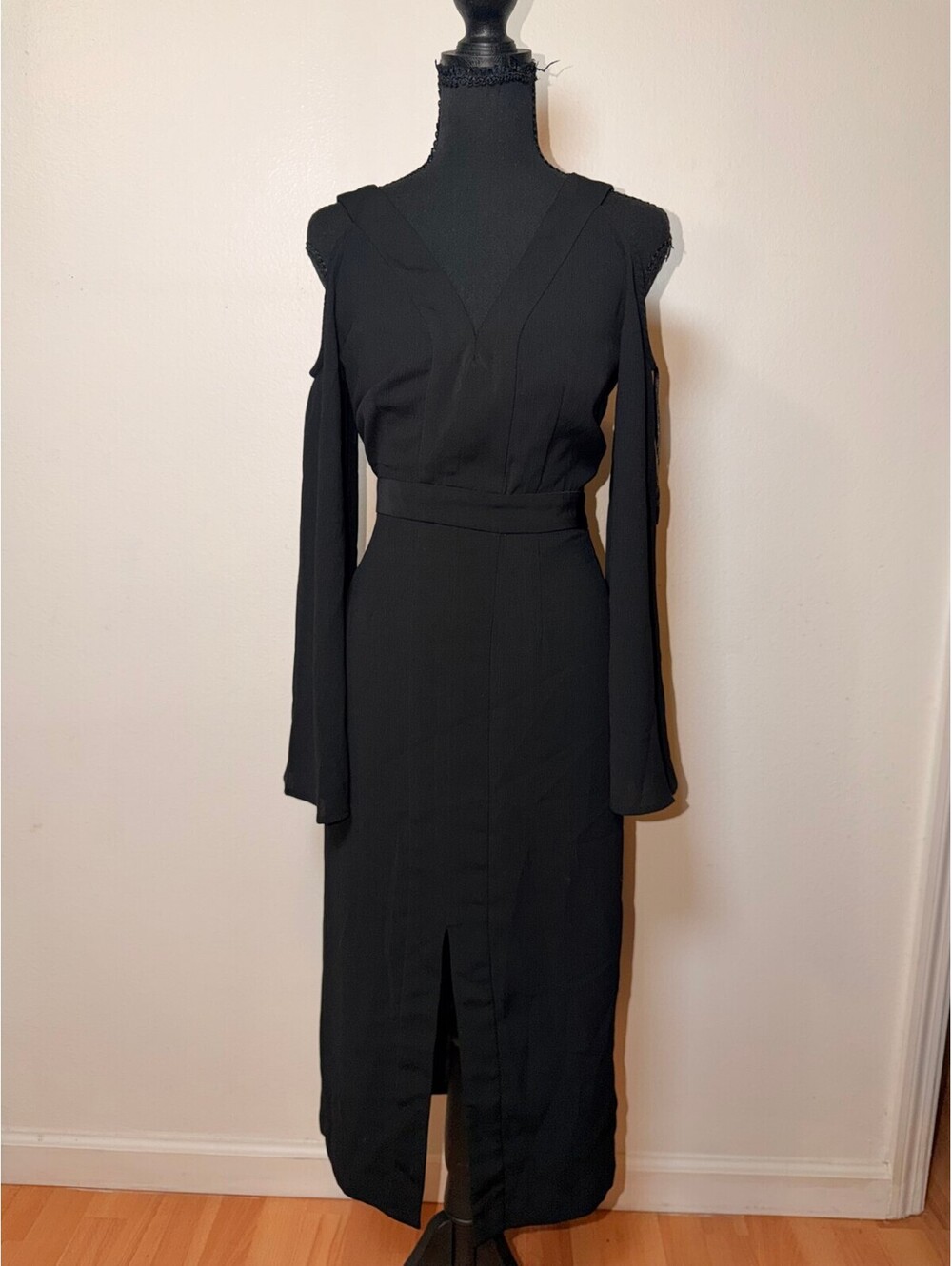 Keepsake Black Cold-Shoulder Long-Sleeve Midi Dress XS Fall